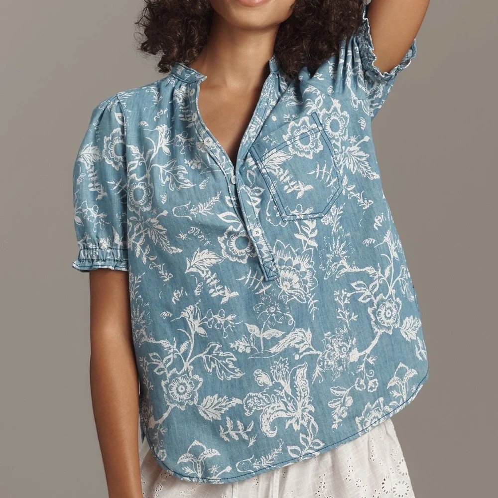 Anthropologie The Aly Puff-Sleeve Blouse by Pilcro Blue White SIZE XS NEW